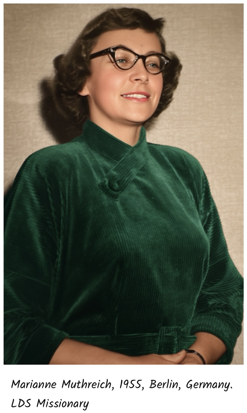 Marianne Annalotte Muthreich Southworth, photographed in 1955 in Berlin, Germany while serving as an LDS missionary.